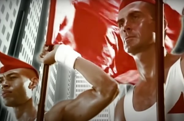 A scene from the Pet Shop Boys's 1993 video, a fusion of Soviet propaganda and 1990's euforia